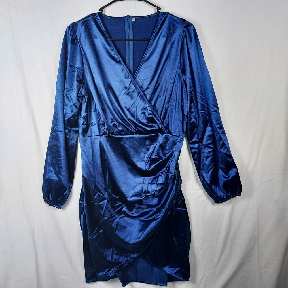 Yajedo Satin V-Neck Dress Size Large Blue Party/Cocktail Long Sleeve New
